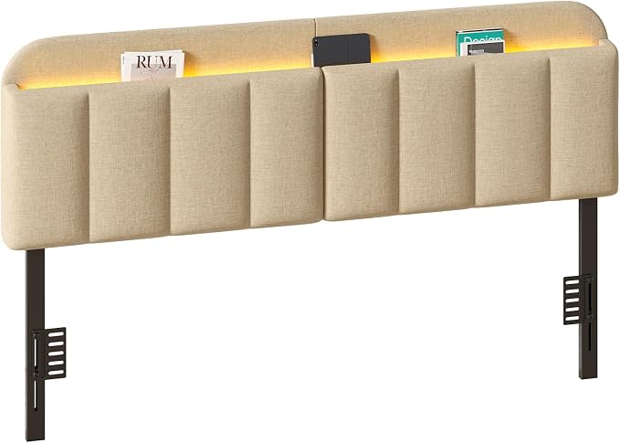 King Size Adjustable Headboard, Upholstered Headboard with Storage, APP Controlled LED Light, Padded Head Board Only, Sturdy Metal Foot Frame, Vertical Channel Design for Bedroom, Beige