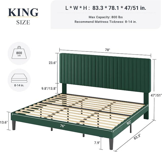 Allewie King Bed Frame, Velvet Upholstered Platform Bed with Adjustable Vertical Channel Tufted Headboard, Mattress Foundation with Strong Wooden Slats, Box Spring Optional, Easy Assembly, Green