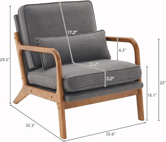 Bonnlo Linen Dark Grey Mid Century Modern Accent Chair, Soild Wood Padding Lounge Armchairs Side Sitting Chairs for Living Room, Bedroom, Guest Room