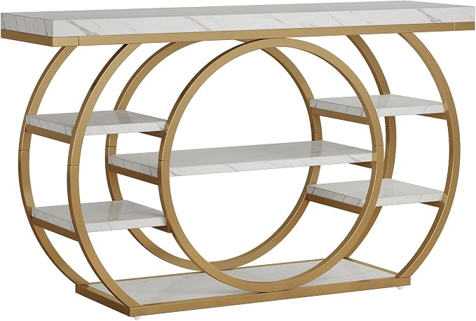 Tribesigns 47" Industrial Entryway Table with Staggered 5-Tier Shelf | Narrow Console Table with Metal Frame, Sofa Table for Living Room Entryway, Hallway, Foyer, White & Gold