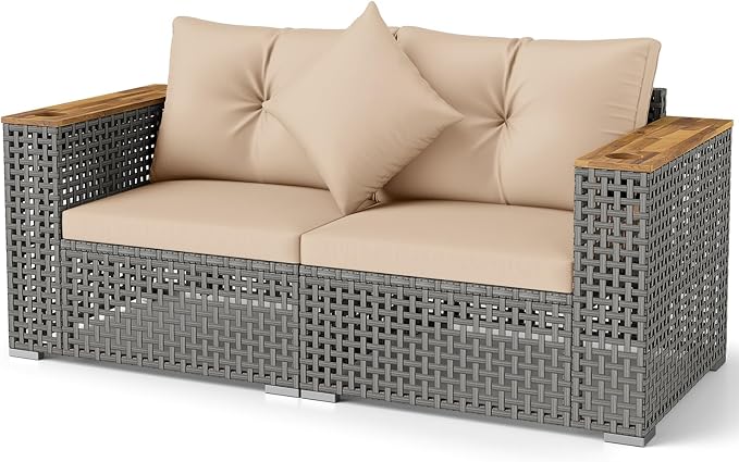 Tangkula 62.5" Large Patio Wicker Loveseat with Acacia Wood Armrests & Cup Holders, Outdoor 2-Piece Rattan Corner Sofa with Cushions, Sectional Conversation Set for Garden Backyard Porch Balcony