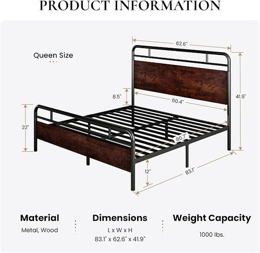 SHA CERLIN Queen Size Bed Frame with Wooden Headboard and Footboard, Rounded Corner Metal Structure, Heavy Duty Slats with Under-Bed Storage, No Box Spring Needed, Mahogany