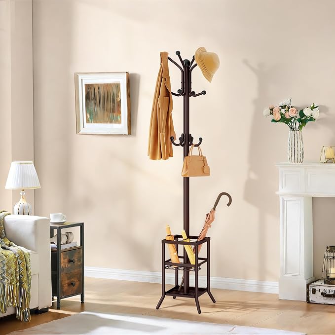 FAVOOSTY Coat Rack Freestanding,Coat Rack Stand with Umbrella Holder,Metal Coat Tree with 12 Hooks,Tree Clothes Hat for Entryway, Hallway, Bedroom, Living Room & Office -Brown