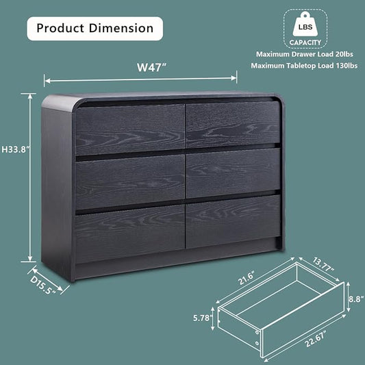 Aitjunz Modern 6 Drawers Dresser for Bedroom, 47" Wide Wood Dressers & Chests of Drawers w/Curved Profile Design, Mid Century Modern Dresser w/Natural Texture for Bedroom, Living Room, Black
