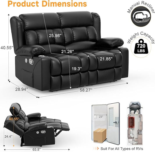 RV Loveseat Recliner Sofa, Wall Hugger Reclining Loveseat RV Couch with USB Ports, Large Pockets, Cup Holders, 150° Adjustable RV Recliners Furniture for Travel Trailers & Home Theater Seating