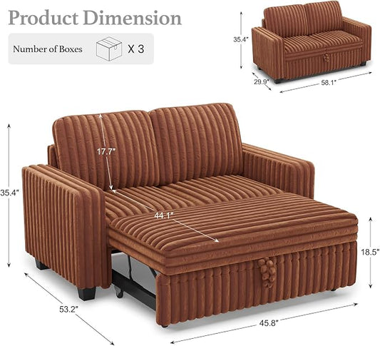 Belffin Corduroy Sectional Sleeper Sofa with Pull Out Bed Modular Sectional Loveseat Sofa Bed for Living Room Brick Red Couch