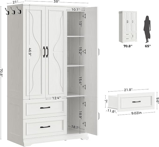 LIKIMIO Armoire Wardrobe Closet with 4 Doors and Drawers, Wardrobe Cabinet with Storage Shelves and Side Hooks, Clothing Storage Cabinet for Bedroom, White