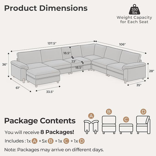 SITJOY Large Cloud Couch, 138" Wide 6 Seater U Shape, Chenille in Navy Blue | Detachable and Washable Chenille Cover Sectional Sofas for Living Room, Deep Seat Wide Couch with Chaise, Storage Ottoman