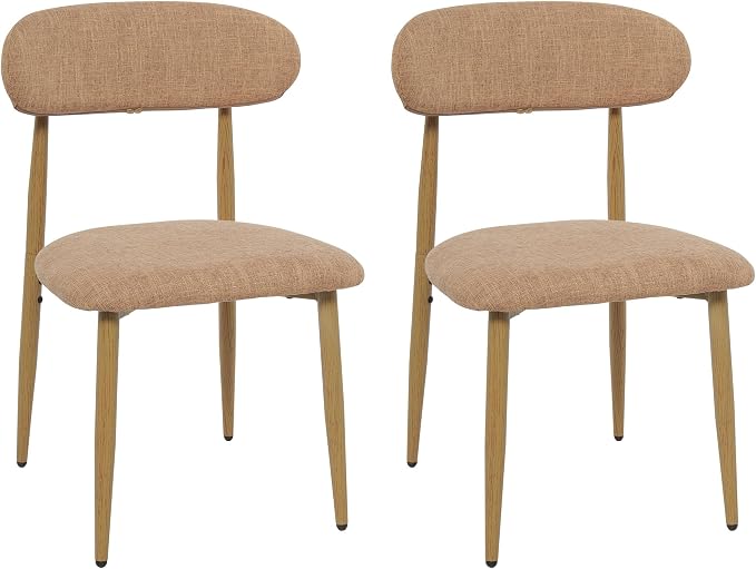 FREKEN Modern Upholstered Dining Chairs Set of 2, Mid-Century Metal Frame with Wood Grain, Linen Fabric Side Chair for Kitchen Dining Room, 350lbs Capacity, Brown