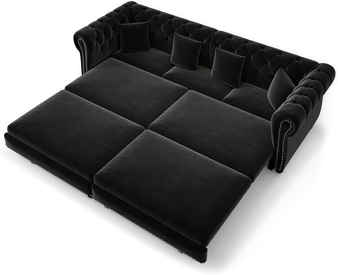 89'' Pull Out Sofa Bed King, Chesterfield Velvet Sleeper Sofa, Convertible L-Shaped Futon Couch, Tufted Back, 4 Pillows, Ottoman, Deep Seat Loveseat Couches for Apartment, Living Room, Black