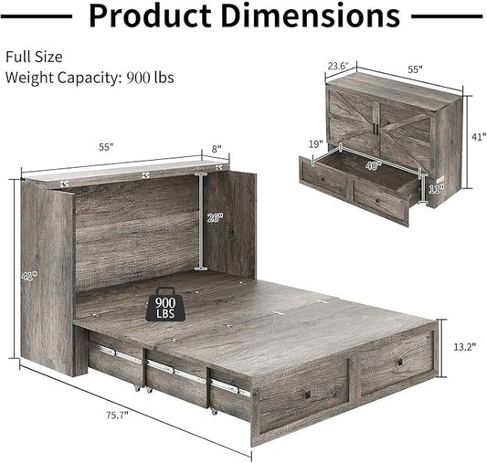LUXOAK Full Murphy Bed Cabinet with Charging Station, Foldable Platform Bed Frame with Drawer, Space-Saving Guest Bed for Home Office or Small Spaces, Rustic Grey