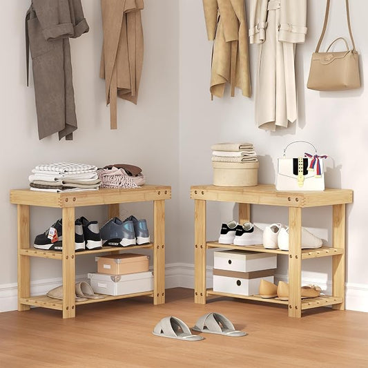 NEWBULIG Shoe Rack Bench, 3-Tier Bamboo Shoe Organizer, Wooden Entryway Storage Bench, 286 lb Load Capacity, 11.2x19.7x17.9 Inches, for Entryway Bathroom Bedroom Balcony, Wood