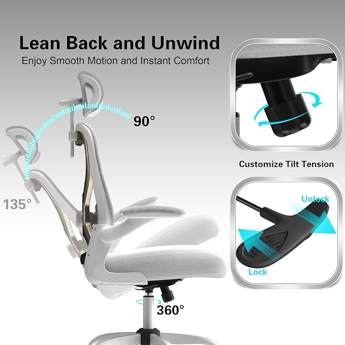 Ergonomic Office Chair for Back & Neck Pain Relief, Virgin Foam Seat, 2D Adjustable Lumbar & 3D Headrest, Tilt & Rock for Relaxation, Ideal for Long Sitting Comfort, White/Gold