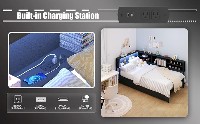 Bellemave Full Corner Bed Frame with Storage, Full Captains Bed with Charging Station, LED Light, Wood Daybeds with L-Shaped Bookcase and 2 Drawers, Black