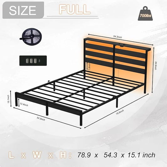 Full Size Metal Platform Bed Frame with LED Headboard & Storage Shelf, Modern Black Metal Bed with USB Charging, No Box Spring Needed, Sturdy Slat Support for Bedroom(Black,Full)