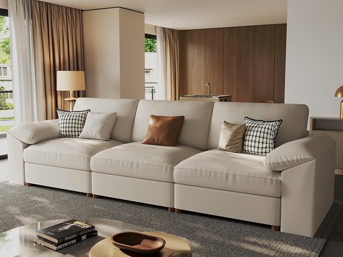 EASE MOOSE Sectional Faux Leather Sofa, Scratch Resistant Couch, 3-Seater Oversized Modular Sofa, Modern Comfy Sofas Deep Seats for Small Spaces, Beige