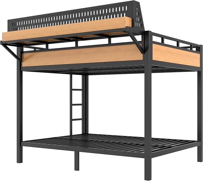 Bellemave Bunk Bed Queen Over Queen,Metal Bunk beds with Storage Shelves USB Ports and LED Lights, Natural