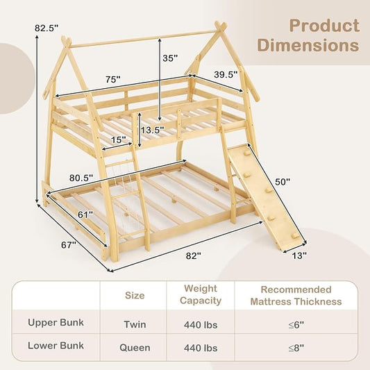 KOTEK Twin Over Queen Bunk Bed, House Bunk Beds with Climbing Nets and Ramp, No Box Spring Needed, Solid Wood Low Bunk Bed Frame for Kids Boys Girls (Natural)