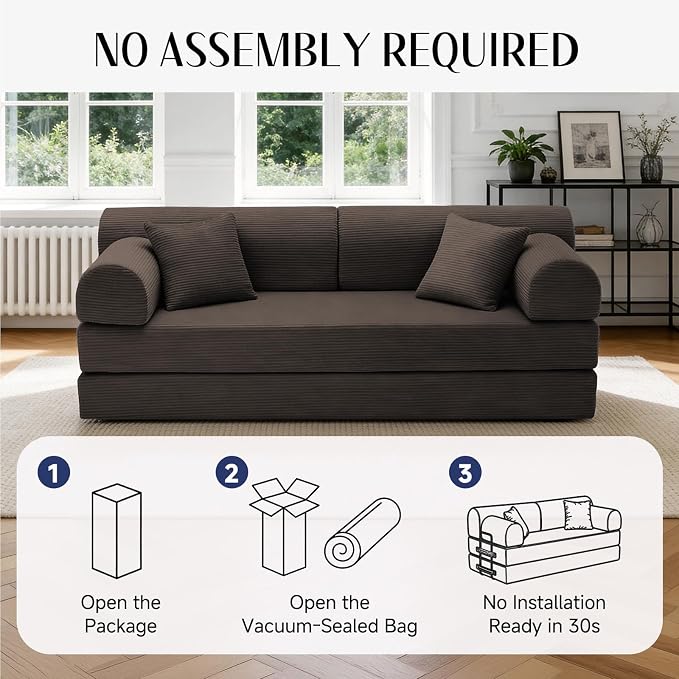 79'' Convertible Sofa Bed, 6 in 1 Folding Floor Futon Couch Sleeper with Fixed Frame, Corduroy Modular Sofa Bed with Removable Armrests & Pillows, No Assembly for Living Room Bedroom (Brown)