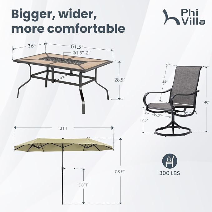 PHI VILLA Patio Dining Set with Umbrella for 6 Person, Outdoor Swivel Dining Chairs Set and 1 Large Rectangular Wooden-Like Top Table with 13ft Beige Outdoor Market Umbrella(No Base)