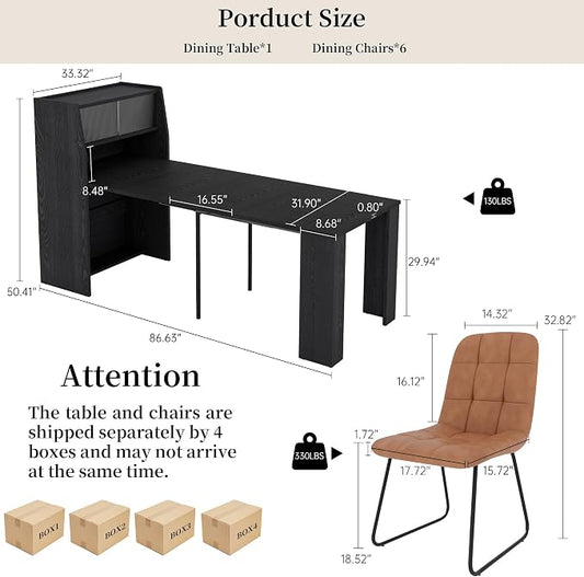 HIPIHOM Dining Table Set for 6, Extendable 86.6" with Storage | Space-saving MDF Kitchen Table with 6 Upholstered U-shaped Brown Chairs, Ideal for Apartment, Living Room