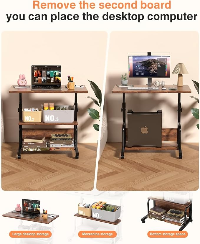 QZMDSM Portable Rolling Desk on Wheels Adjustable Height Desks for Small Spaces, 32" Computer Desk Drafting Tables with Storage Shelves for Home Office Rustic