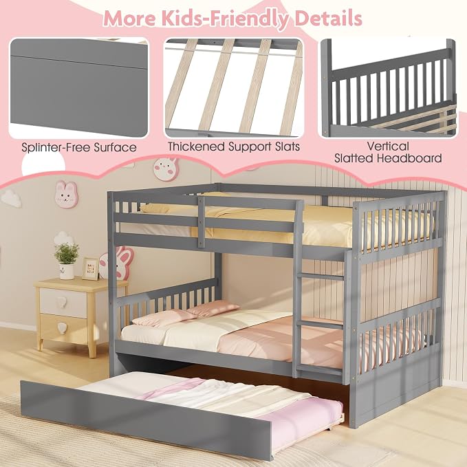 KOMFOTT Wood Full Over Full Bunk Bed with Trundle, Wooden Bed Frame with Ladder, Solid Wood Frame & Safety Guardrails, Space-Saving Bunk Bed for Teens & Adults, No Box Spring Needed