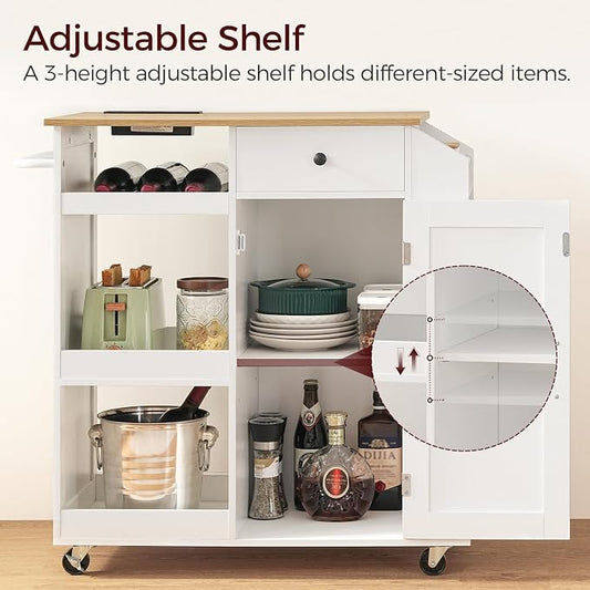MAHANCRIS Kitchen Island with Power Outlet, Kitchen Storage Island with Drawer, Rolling Kitchen Cart on Wheels, Spice Rack, Towel Rack, Wine Rack, for Dining Room, White and Natural KINW122E01N1