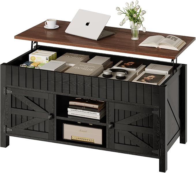 47.3" Lift Top Coffee Table with Storage - Black Coffee Tables for Living Room, Farmhouse Wood Center Table, Large Rectangle Middle Tables with Hidden Compartment & Adjustable Shelf