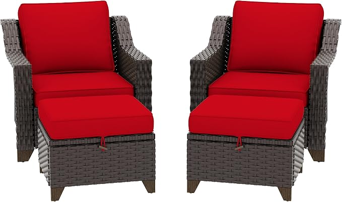 4 Pieces Patio Conversation Furniture Set - 2 Chairs with Ottomans Set of 2, Outdoor Wicker Armchairs with Water-Resistant and Washable Cushions for Porch, Balcony, Sunroom (Red)