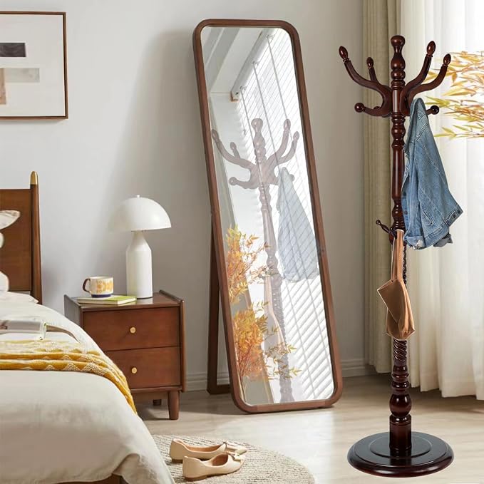 Wooden Coat Rack Freestanding, Hall Tree Hanger With Resin Hooks, Adjustable Heavy Duty Coat Rack for Hanging Clothes Bags Hats in Living Room Bedroom (coat rack, Round Base-Antique Color)