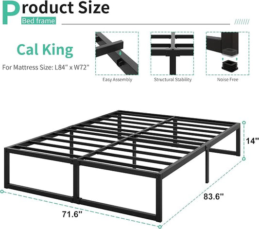 Lutown-Teen 14 Inch California King Bed Frames No Box Spring Needed Heavy Duty Metal Cal King Platform for Mattress Foundation, Noise Free, Easy Assembly, Black