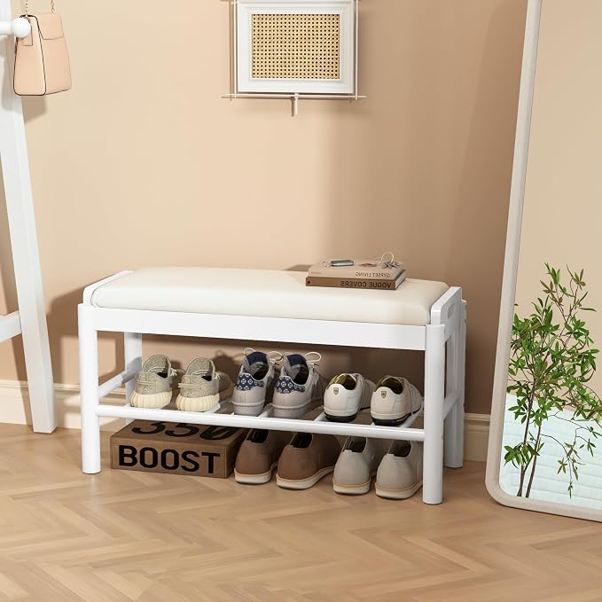 Entryway Shoe Storage Bench, 2-Tier Wood Shoe Rack with Cushion, Padded Seat Entryway Organizer with Shelf & Hidden Storage for Entry, Hallway, Living Room, Bedroom, Closet (White, 31.5")