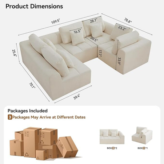 110''Modular Sectional Couches for Living Room, Cloud Boneless Compressed Sectional Sofa, Oversized U Shaped 5 Seater Upholstered Memory Foam Sofa, No Assembly, Chenille Beige