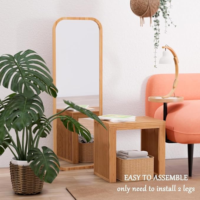 APRTAT Small Bamboo Dining Bench, 17inch Farmhouse Decor Indoor Kitchen Table Bench, Entryway Shoe Rack Bench, Outdoor Bench, Solid Bamboo Benches for Living Room, Hallway, Bedroom, Bathroom
