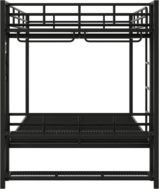 Bellemave Full Over Full Bunk Bed,Metal Bunk Bed with Shelf and Guardrails,Full Bunk beds with Storage Mesh Shelves and Clothes Hooks for Kids, Teens & Adults(Black)
