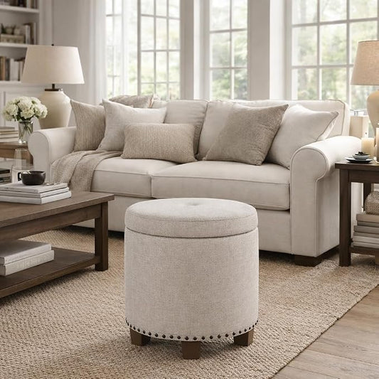 HomePop 18.5" Round Storage Ottoman with Nailheads - Light Brown Fabric