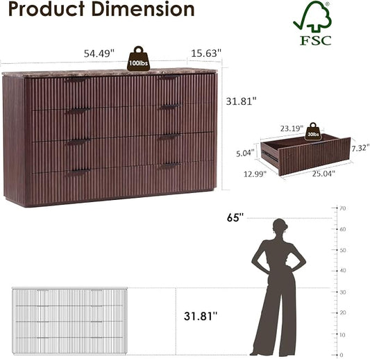 Dresser for Bedroom with 8 Drawers, 54"W Chest of Drawers, Fluted Dresser with Faux Marble Top, Curved Profile Design, Metal Handle, Wood Closet Storage Organizer for Living Room, Hallway, Dark Oak