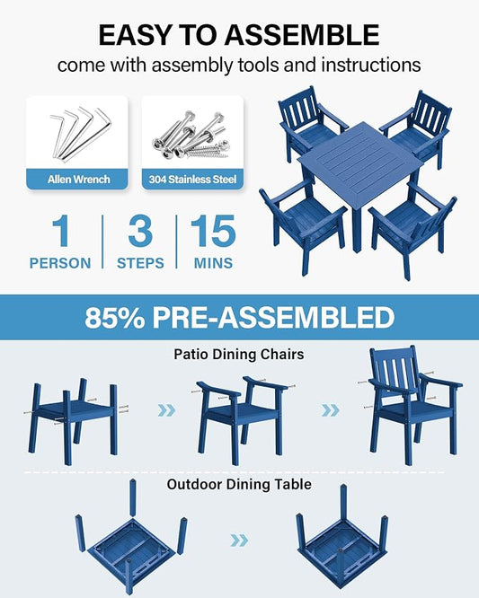YEFU HIPS Patio Table Set: 5 Piece Outdoor Square Table and Chairs with Metal Aluminum Frame - Blue Modern Plastic Patio Dining Furniture Set 4 Person for Outside Deck