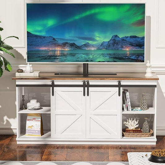 YESHOMY Farmhouse TV Stand for Televisions up to 65 Inches, Sliding Barn Doors and Storage Cabinets, Console Table and Media Furniture for Living Room, 58 Inch, White