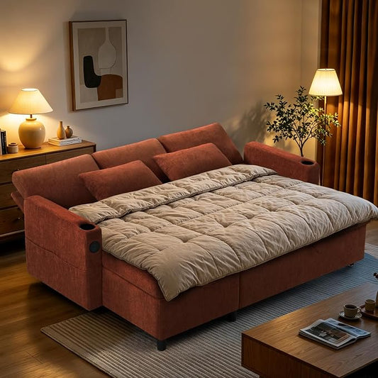 84" L-Shape Pull Out Sofa with 2 Storage Chaise, Orange | Chenille Sectional Sleeper Sofa w/Adjustable Backrest, Upholstered Reversible Couch Bed w/USB Port for Living Room, House