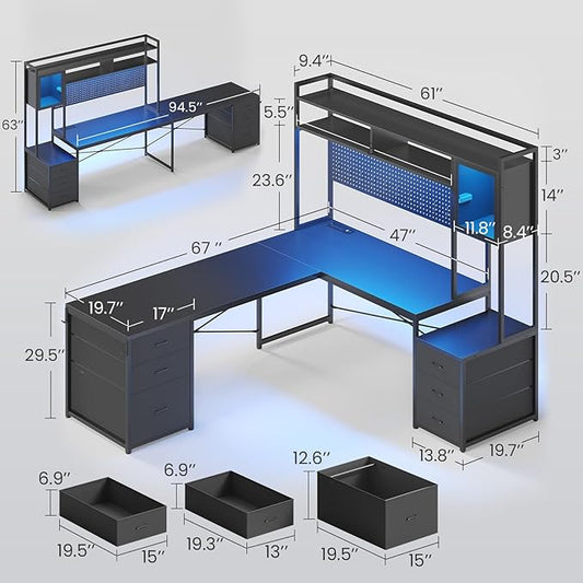 SEDETA L Shaped Gaming Desk with Drawers, Reversible Computer Corner Desk with File Drawer, Hutch, Storage Shelves for Home Office, Gaming Two Person Desk with Led Lights, Power Outlet, Black