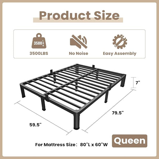 ROIL 7 inch Metal Queen Bed Frame with Rounded Corner Mattress Retainers 3500LBS Heavy Duty Steel Slats No Box Spring Needed Platform Noise-Free Easy Assemble