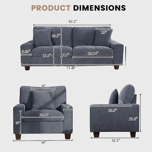 DOPEDIO Modern Living Room Sofa Set, 71.25" Chenille Loveseat with 2 Accent Chairs, Removable Covers, Spring Cushions, Solid Wood Frame, Easy Assembly(71.25inch+2 Single,Blue)