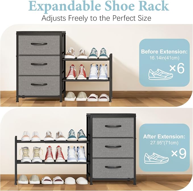 Cidaziya Expandable Closet Organizers and Storage, Black Fabric Storage Dresser, 3 Drawer Dresser, Clothes Shelves for Kids, Purse Organizer Small Shoe Rack for Closet Bedroom(31.29~43.42 in)