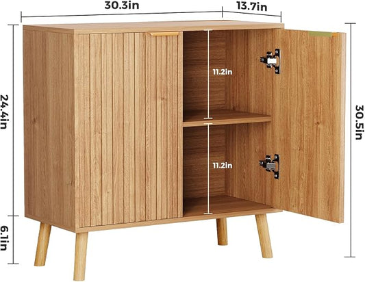 Set of 2 Fluted Storage Cabinet, Buffet Cabinet with Storage, Wood Sideboard with Adjustable Shelf, Modern Accent Cabinet & Console Table for Entryway, Living Room, Dining Room, Natural