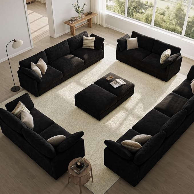 114" Cloud Couch Sectional Couches for Living Room Black | 10" High-Resilience Cloud Cushion, 36" Movable Ottoman, Plus-Size Friendly Couch, 28" Extra Deep Seat Sofa