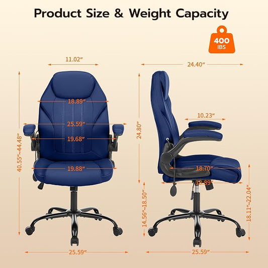 Ylzyxal Office Desk Chair, Ergonomic Computer Chair with Padded Flip-Up Arms and Adjustable Lumbar Support, PU Leather Executive Chair with Tilt Lock and 360° Swivel Rolling Wheels for Work, Study