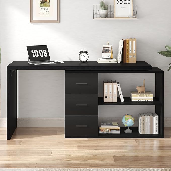 HSH Black L Desk with Drawers Shelves, Large Reversible L Shaped Desk with Storage Cabinet, Corner Home Office Computer Desk Workstation for Executive Writing Study, Bedroom Living Room Table, 60 Inch