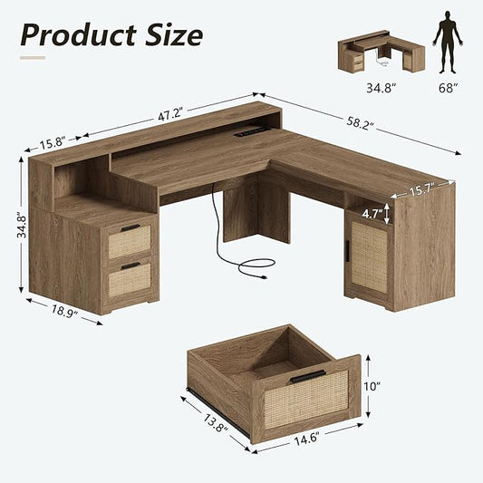 YOMILUVE 63" Farmhouse L Shaped Executive Desk with Drawers & Storage Shelf, Corner Rattan Computer Desk with Power Outlets, L Shaped Office Desk with Monitor Stand, Printer Shelf